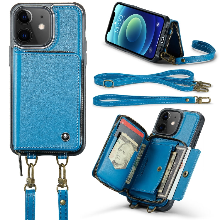 For iPhone 12 JEEHOOD C22 Series Zipper Wallet Leather Phone Case with Dual Lanyard(Blue) - iPhone 13 Cases by JEEHOOD | Online Shopping UK | buy2fix