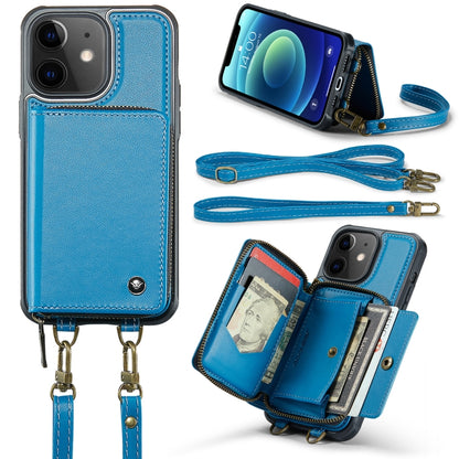 For iPhone 12 JEEHOOD C22 Series Zipper Wallet Leather Phone Case with Dual Lanyard(Blue) - iPhone 13 Cases by JEEHOOD | Online Shopping UK | buy2fix