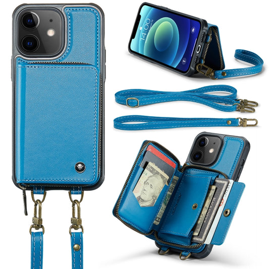 For iPhone 12 JEEHOOD C22 Series Zipper Wallet Leather Phone Case with Dual Lanyard(Blue) - iPhone 13 Cases by JEEHOOD | Online Shopping UK | buy2fix