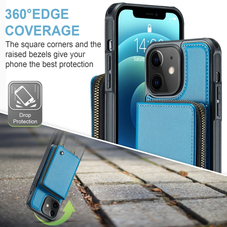 For iPhone 12 JEEHOOD C22 Series Zipper Wallet Leather Phone Case with Dual Lanyard(Blue) - iPhone 13 Cases by JEEHOOD | Online Shopping UK | buy2fix