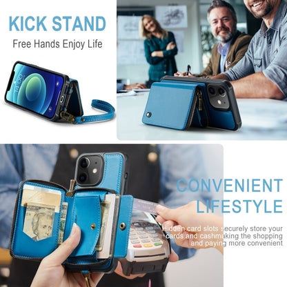 For iPhone 12 JEEHOOD C22 Series Zipper Wallet Leather Phone Case with Dual Lanyard(Blue) - iPhone 13 Cases by JEEHOOD | Online Shopping UK | buy2fix