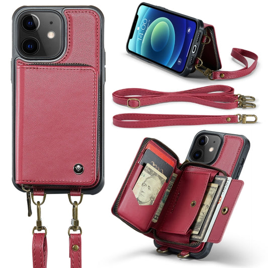 For iPhone 12 JEEHOOD C22 Series Zipper Wallet Leather Phone Case with Dual Lanyard(Red) - iPhone 13 Cases by JEEHOOD | Online Shopping UK | buy2fix