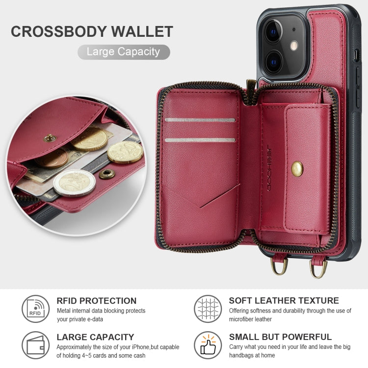 For iPhone 12 JEEHOOD C22 Series Zipper Wallet Leather Phone Case with Dual Lanyard(Red) - iPhone 13 Cases by JEEHOOD | Online Shopping UK | buy2fix