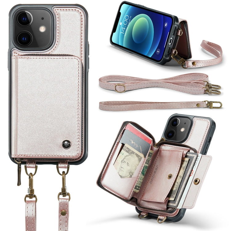 For iPhone 12 JEEHOOD C22 Series Zipper Wallet Leather Phone Case with Dual Lanyard(Rose Gold) - iPhone 13 Cases by JEEHOOD | Online Shopping UK | buy2fix