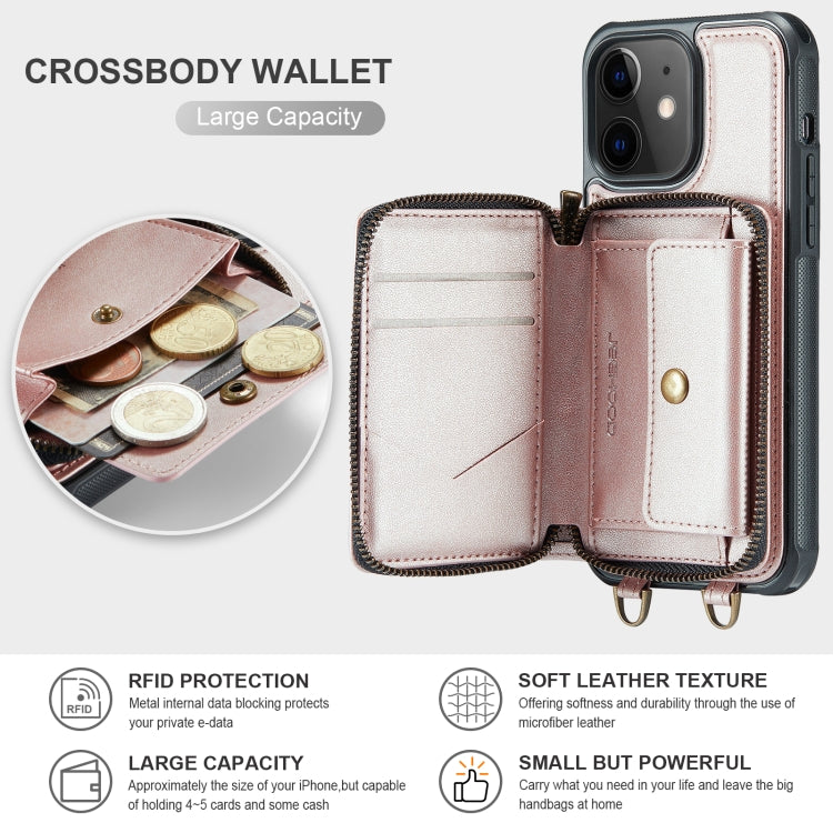 For iPhone 12 JEEHOOD C22 Series Zipper Wallet Leather Phone Case with Dual Lanyard(Rose Gold) - iPhone 13 Cases by JEEHOOD | Online Shopping UK | buy2fix