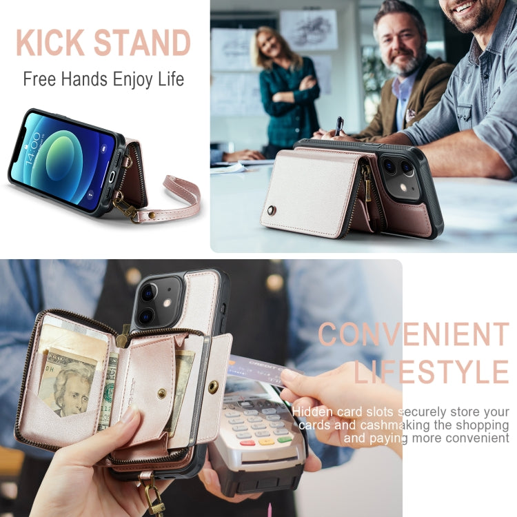 For iPhone 12 JEEHOOD C22 Series Zipper Wallet Leather Phone Case with Dual Lanyard(Rose Gold) - iPhone 13 Cases by JEEHOOD | Online Shopping UK | buy2fix