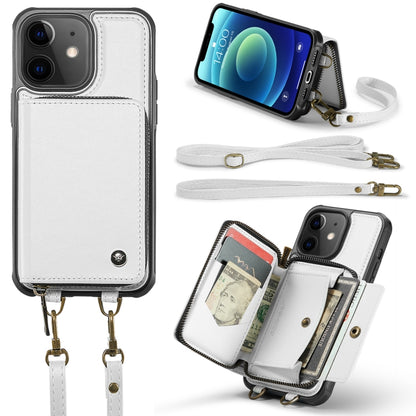 For iPhone 12 JEEHOOD C22 Series Zipper Wallet Leather Phone Case with Dual Lanyard(White) - iPhone 13 Cases by JEEHOOD | Online Shopping UK | buy2fix