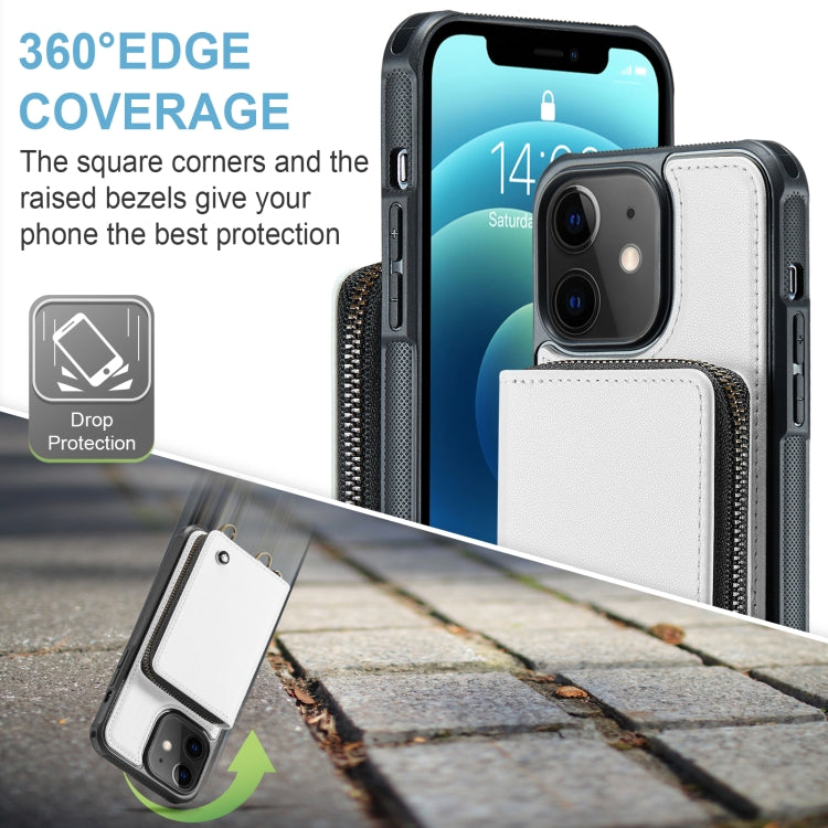 For iPhone 12 JEEHOOD C22 Series Zipper Wallet Leather Phone Case with Dual Lanyard(White) - iPhone 13 Cases by JEEHOOD | Online Shopping UK | buy2fix