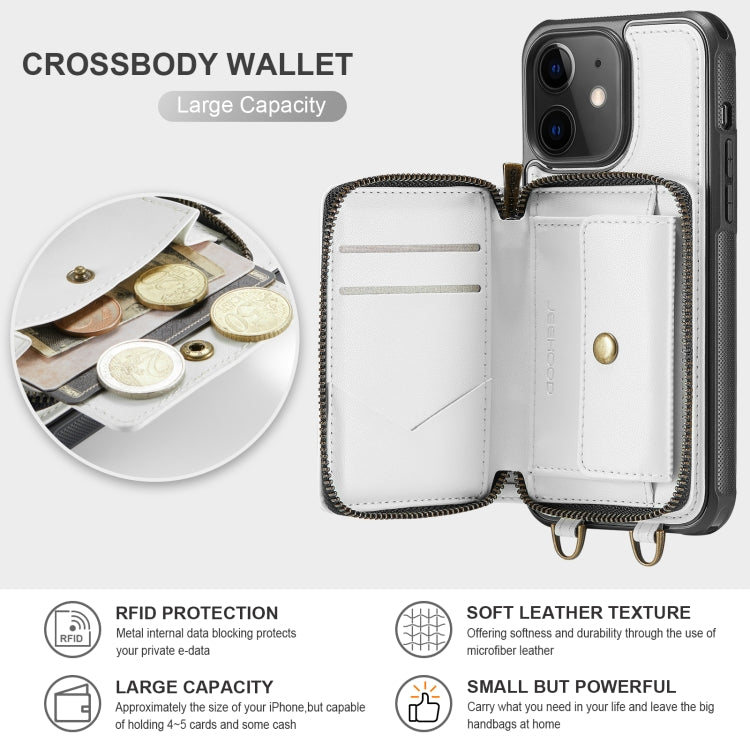 For iPhone 12 JEEHOOD C22 Series Zipper Wallet Leather Phone Case with Dual Lanyard(White) - iPhone 13 Cases by JEEHOOD | Online Shopping UK | buy2fix