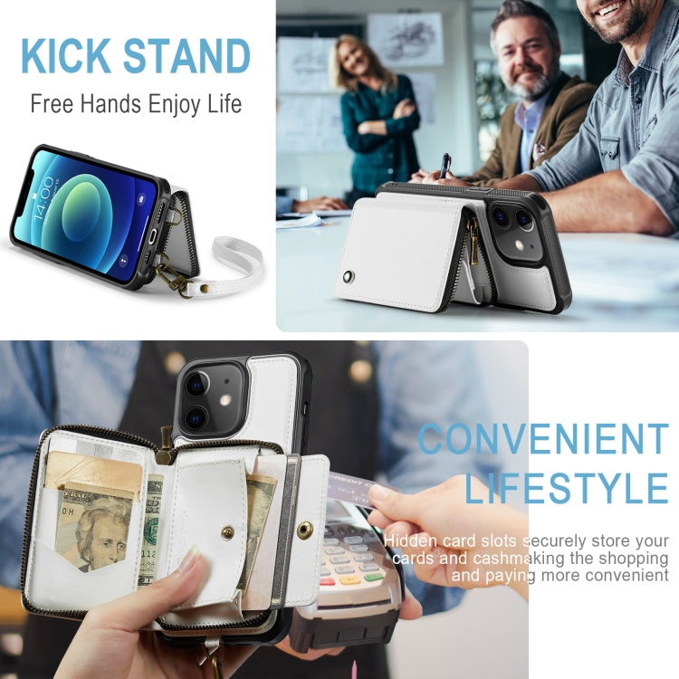 For iPhone 12 JEEHOOD C22 Series Zipper Wallet Leather Phone Case with Dual Lanyard(White) - iPhone 13 Cases by JEEHOOD | Online Shopping UK | buy2fix