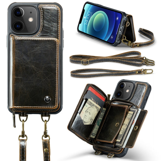 For iPhone 12 JEEHOOD C22 Series Zipper Wallet Leather Phone Case with Dual Lanyard(Coffee) - iPhone 13 Cases by JEEHOOD | Online Shopping UK | buy2fix