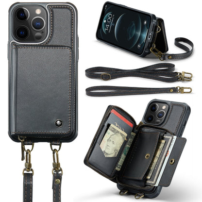 For iPhone 12 Pro Max JEEHOOD C22 Series Zipper Wallet Leather Phone Case with Dual Lanyard(Black) - iPhone 13 Cases by JEEHOOD | Online Shopping UK | buy2fix