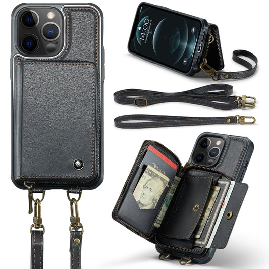 For iPhone 12 Pro Max JEEHOOD C22 Series Zipper Wallet Leather Phone Case with Dual Lanyard(Black) - iPhone 13 Cases by JEEHOOD | Online Shopping UK | buy2fix