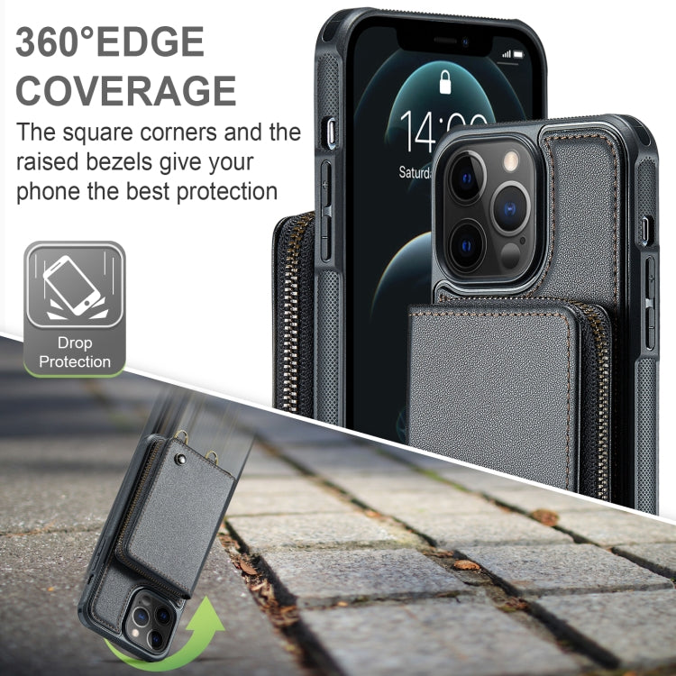 For iPhone 12 Pro Max JEEHOOD C22 Series Zipper Wallet Leather Phone Case with Dual Lanyard(Black) - iPhone 13 Cases by JEEHOOD | Online Shopping UK | buy2fix