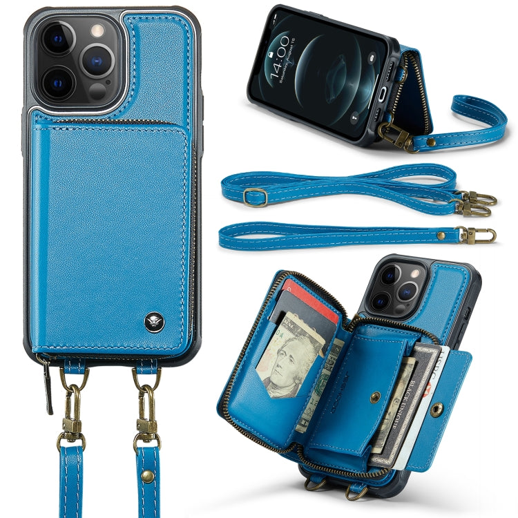 For iPhone 12 Pro Max JEEHOOD C22 Series Zipper Wallet Leather Phone Case with Dual Lanyard(Blue) - iPhone 13 Cases by JEEHOOD | Online Shopping UK | buy2fix