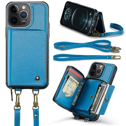 For iPhone 12 Pro Max JEEHOOD C22 Series Zipper Wallet Leather Phone Case with Dual Lanyard(Blue) - iPhone 13 Cases by JEEHOOD | Online Shopping UK | buy2fix