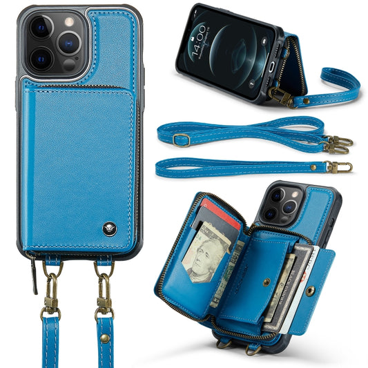 For iPhone 12 Pro Max JEEHOOD C22 Series Zipper Wallet Leather Phone Case with Dual Lanyard(Blue) - iPhone 13 Cases by JEEHOOD | Online Shopping UK | buy2fix