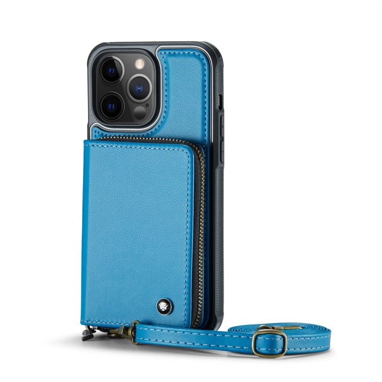 For iPhone 12 Pro Max JEEHOOD C22 Series Zipper Wallet Leather Phone Case with Dual Lanyard(Blue) - iPhone 13 Cases by JEEHOOD | Online Shopping UK | buy2fix