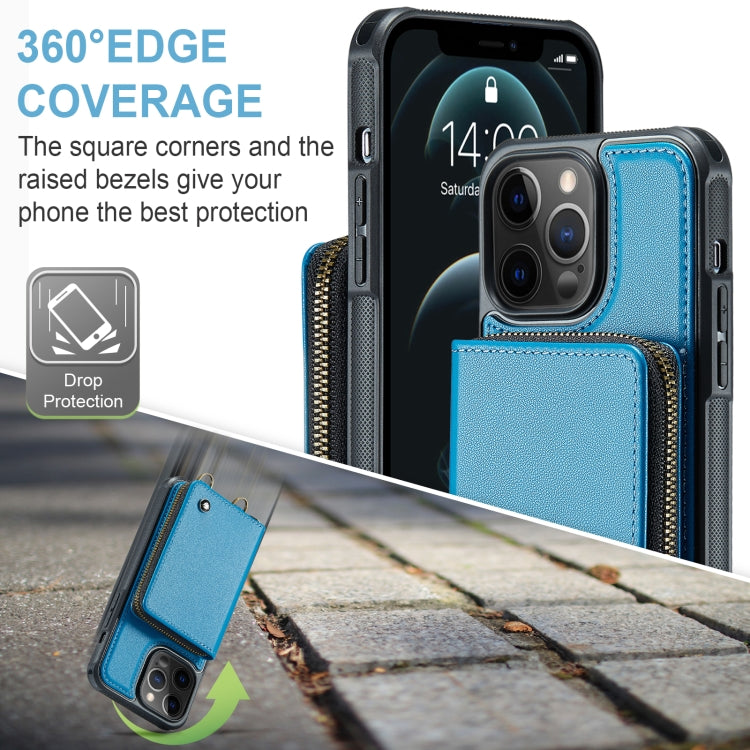 For iPhone 12 Pro Max JEEHOOD C22 Series Zipper Wallet Leather Phone Case with Dual Lanyard(Blue) - iPhone 13 Cases by JEEHOOD | Online Shopping UK | buy2fix