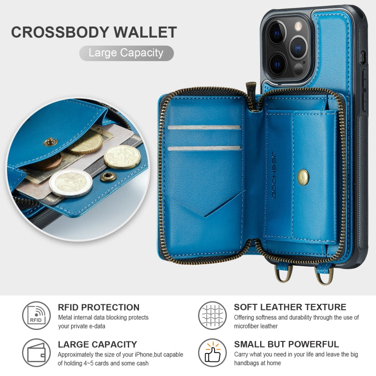 For iPhone 12 Pro Max JEEHOOD C22 Series Zipper Wallet Leather Phone Case with Dual Lanyard(Blue) - iPhone 13 Cases by JEEHOOD | Online Shopping UK | buy2fix