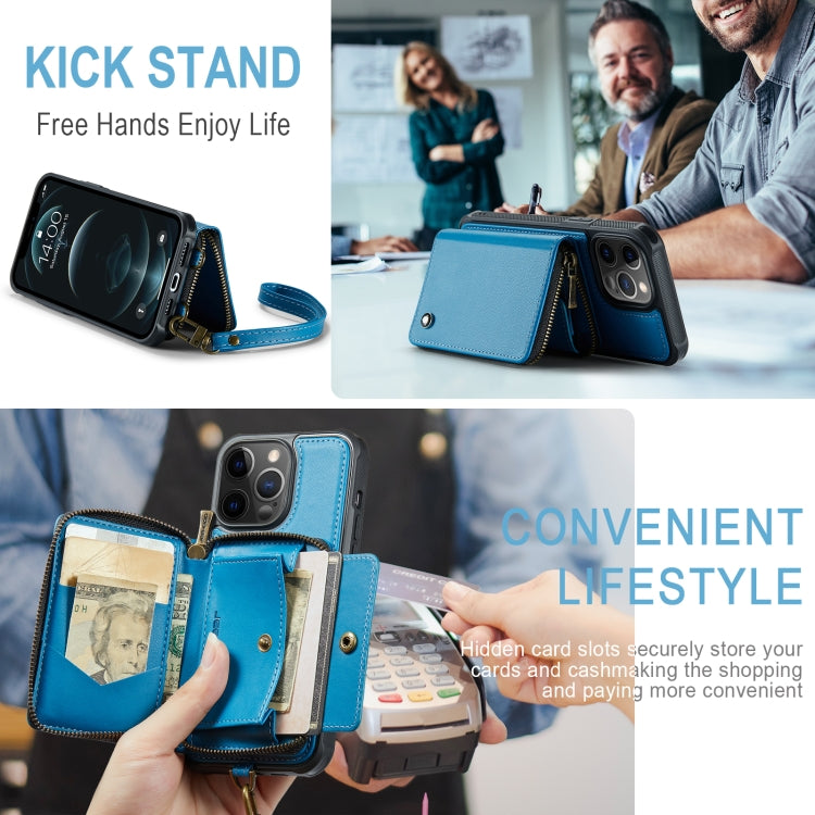 For iPhone 12 Pro Max JEEHOOD C22 Series Zipper Wallet Leather Phone Case with Dual Lanyard(Blue) - iPhone 13 Cases by JEEHOOD | Online Shopping UK | buy2fix