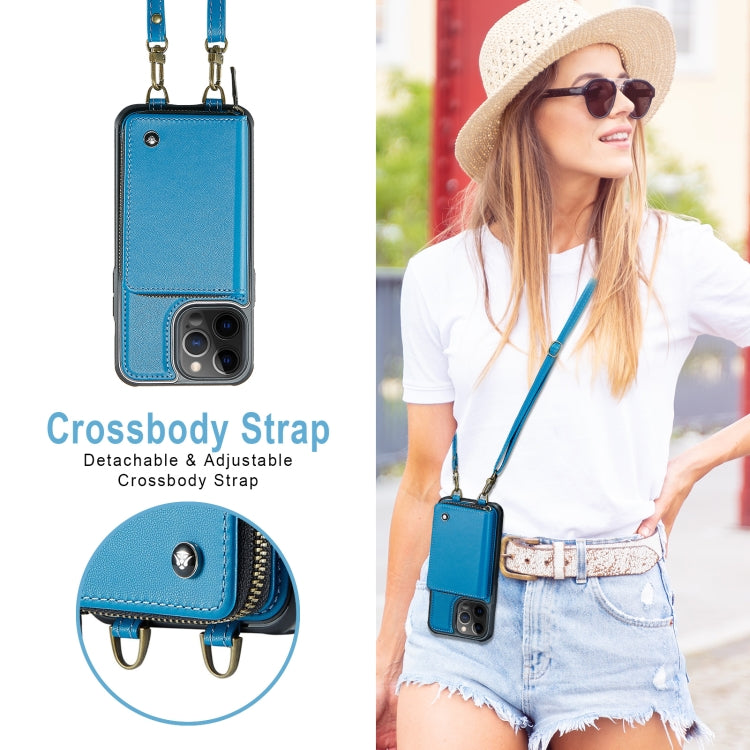 For iPhone 12 Pro Max JEEHOOD C22 Series Zipper Wallet Leather Phone Case with Dual Lanyard(Blue) - iPhone 13 Cases by JEEHOOD | Online Shopping UK | buy2fix