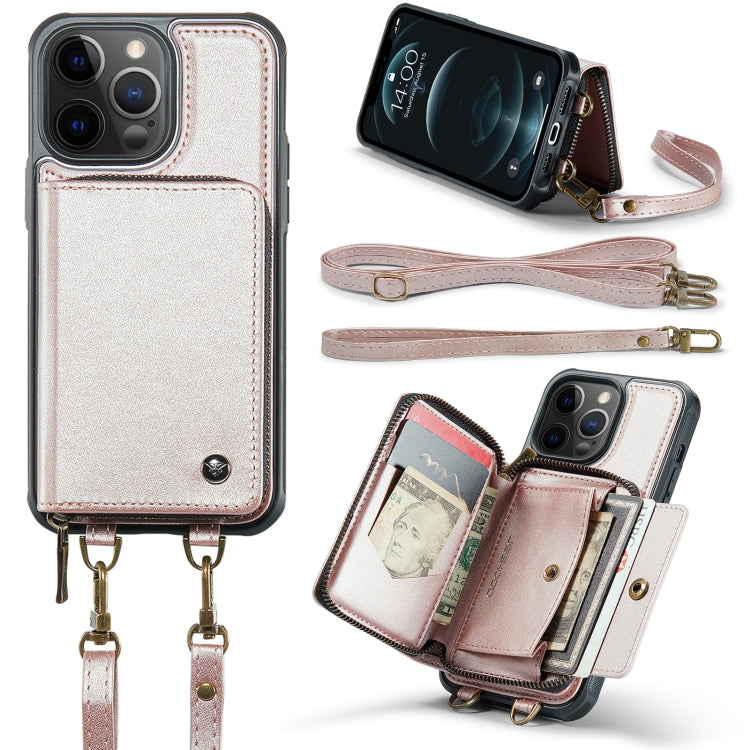 For iPhone 12 Pro Max JEEHOOD C22 Series Zipper Wallet Leather Phone Case with Dual Lanyard(Rose Gold) - iPhone 13 Cases by JEEHOOD | Online Shopping UK | buy2fix