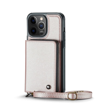 For iPhone 12 Pro Max JEEHOOD C22 Series Zipper Wallet Leather Phone Case with Dual Lanyard(Rose Gold) - iPhone 13 Cases by JEEHOOD | Online Shopping UK | buy2fix