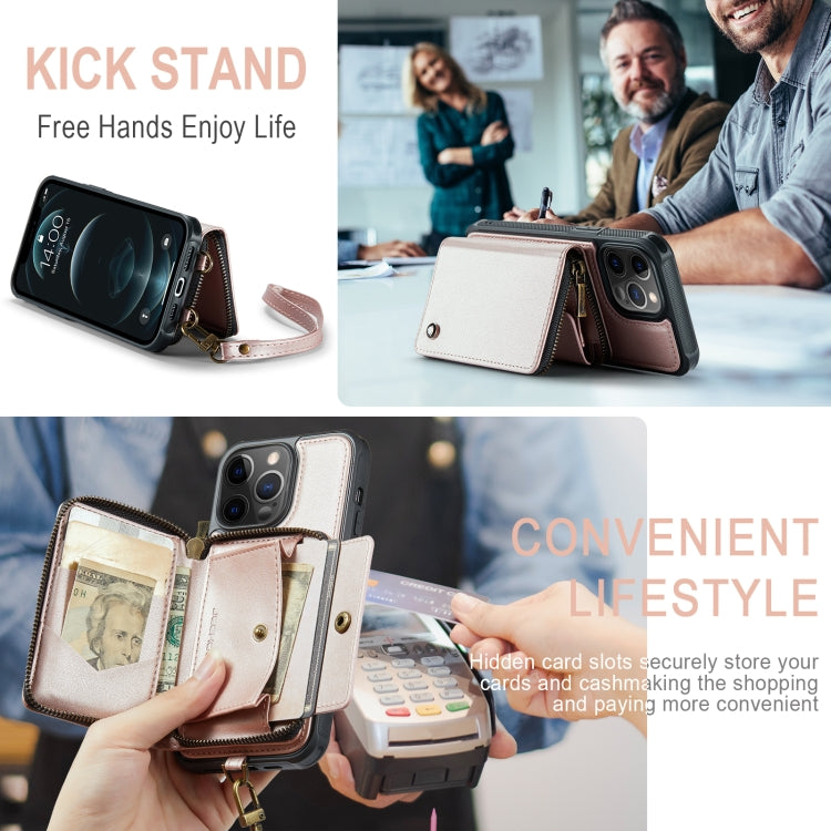 For iPhone 12 Pro Max JEEHOOD C22 Series Zipper Wallet Leather Phone Case with Dual Lanyard(Rose Gold) - iPhone 13 Cases by JEEHOOD | Online Shopping UK | buy2fix