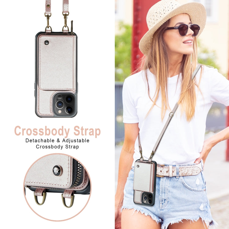 For iPhone 12 Pro Max JEEHOOD C22 Series Zipper Wallet Leather Phone Case with Dual Lanyard(Rose Gold) - iPhone 13 Cases by JEEHOOD | Online Shopping UK | buy2fix