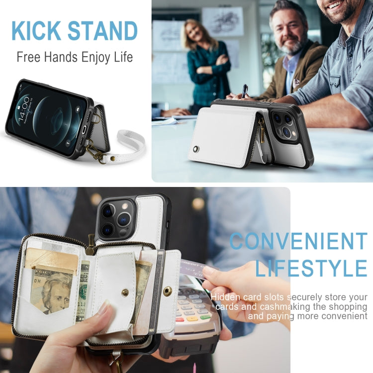 For iPhone 12 Pro Max JEEHOOD C22 Series Zipper Wallet Leather Phone Case with Dual Lanyard(White) - iPhone 13 Cases by JEEHOOD | Online Shopping UK | buy2fix