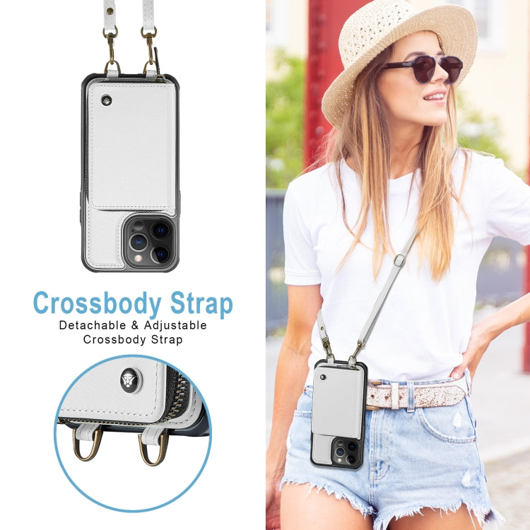 For iPhone 12 Pro Max JEEHOOD C22 Series Zipper Wallet Leather Phone Case with Dual Lanyard(White) - iPhone 13 Cases by JEEHOOD | Online Shopping UK | buy2fix