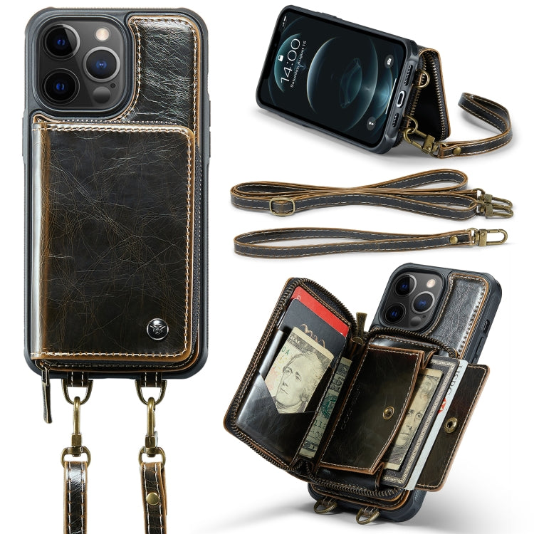 For iPhone 12 Pro Max JEEHOOD C22 Series Zipper Wallet Leather Phone Case with Dual Lanyard(Coffee) - iPhone 13 Cases by JEEHOOD | Online Shopping UK | buy2fix