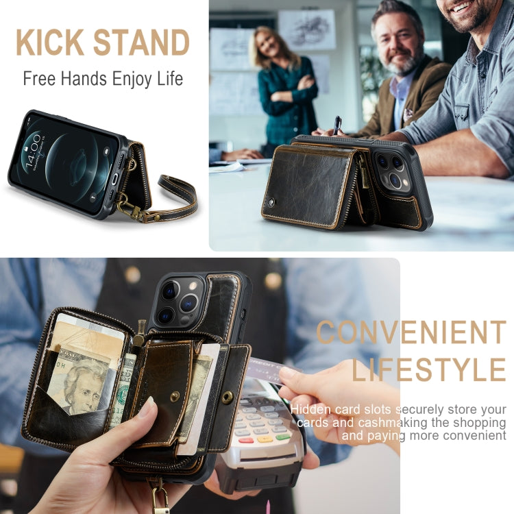 For iPhone 12 Pro Max JEEHOOD C22 Series Zipper Wallet Leather Phone Case with Dual Lanyard(Coffee) - iPhone 13 Cases by JEEHOOD | Online Shopping UK | buy2fix