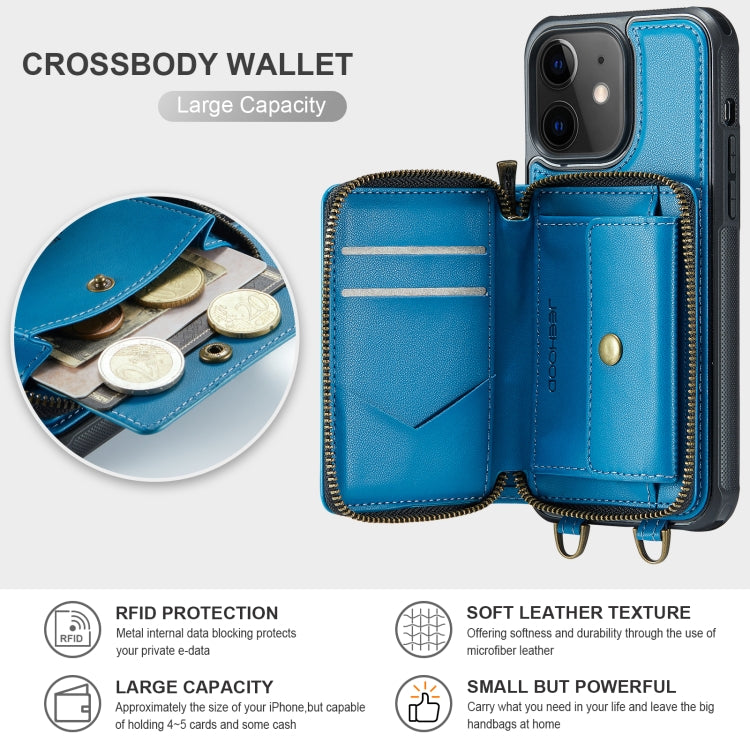 For iPhone 11 JEEHOOD C22 Series Zipper Wallet Leather Phone Case with Dual Lanyard(Blue) - iPhone 11 Cases by JEEHOOD | Online Shopping UK | buy2fix