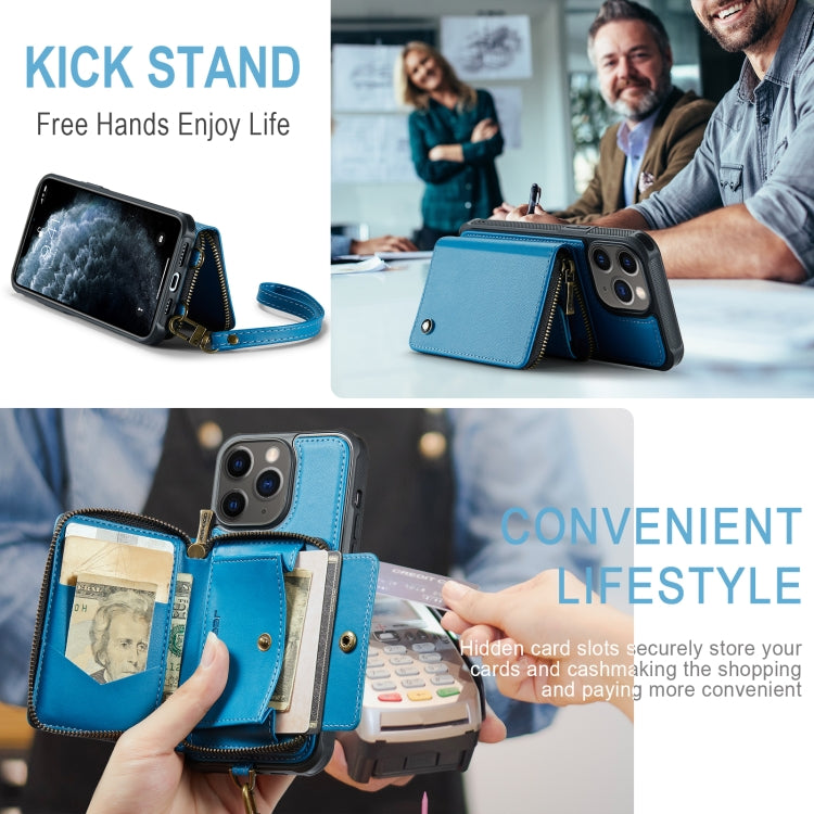 For iPhone 11 Pro JEEHOOD C22 Series Zipper Wallet Leather Phone Case with Dual Lanyard(Blue) - iPhone 11 Pro Cases by JEEHOOD | Online Shopping UK | buy2fix