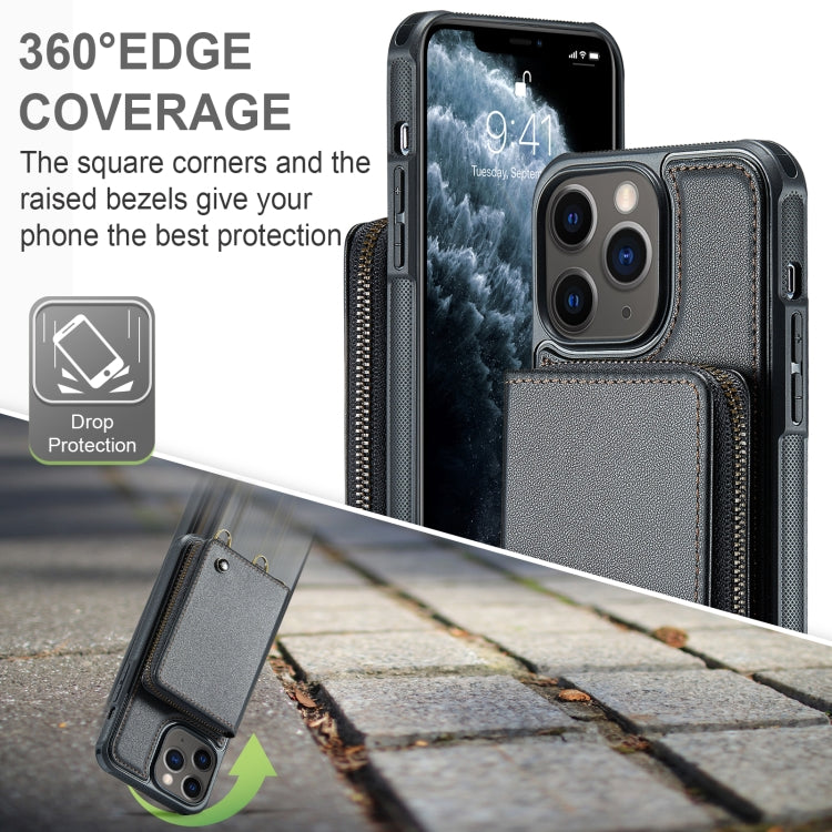 For iPhone 11 Pro Max JEEHOOD C22 Series Zipper Wallet Leather Phone Case with Dual Lanyard(Black) - iPhone 11 Pro Max Cases by JEEHOOD | Online Shopping UK | buy2fix
