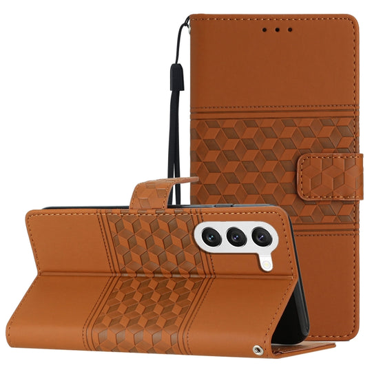 For Samsung Galaxy S23+ 5G Diamond Embossed Skin Feel Leather Phone Case with Lanyard(Brown)