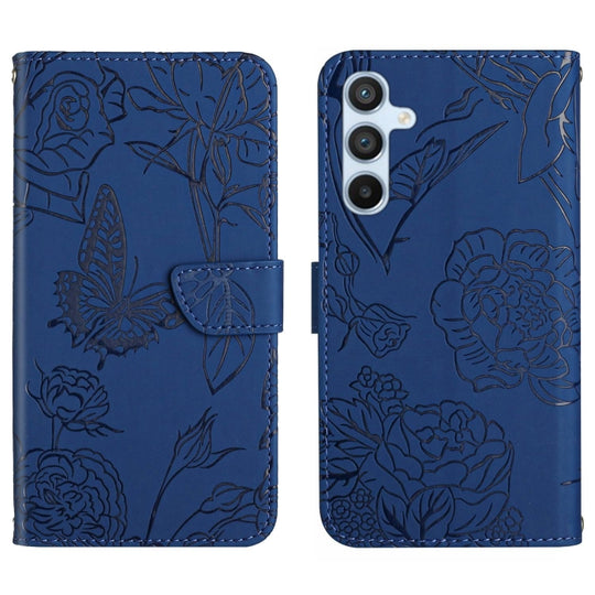 For Samsung Galaxy A34 5G HT03 Skin Feel Butterfly Embossed Flip Leather Phone Case(Blue)