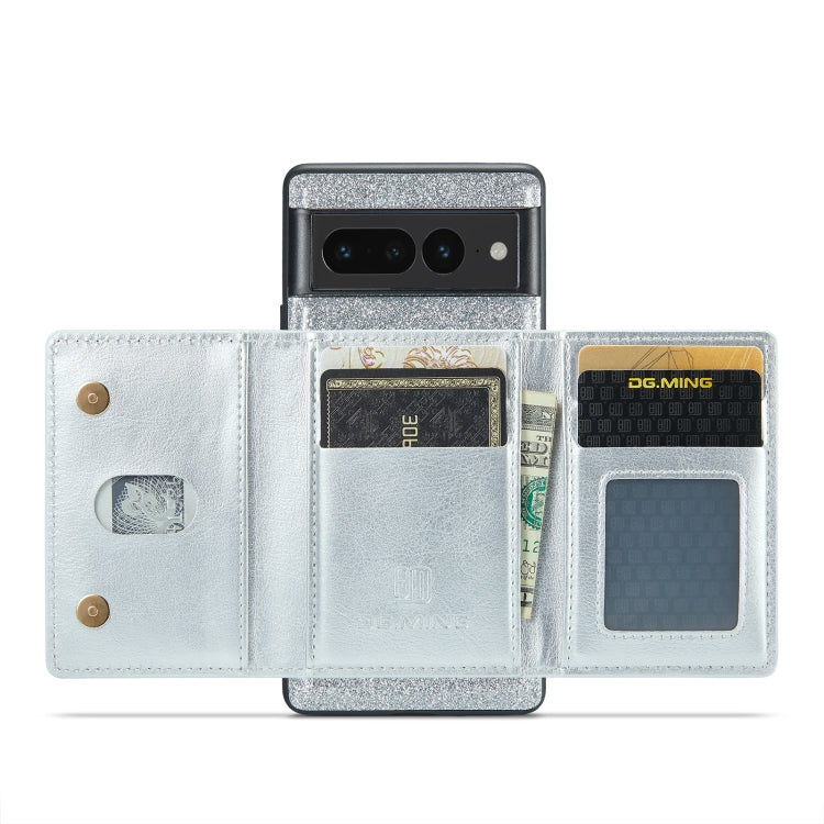 For Google Pixel 7 Pro DG.MING M3 Series Glitter Powder Card Bag Leather Case(Silver) by DG.MING