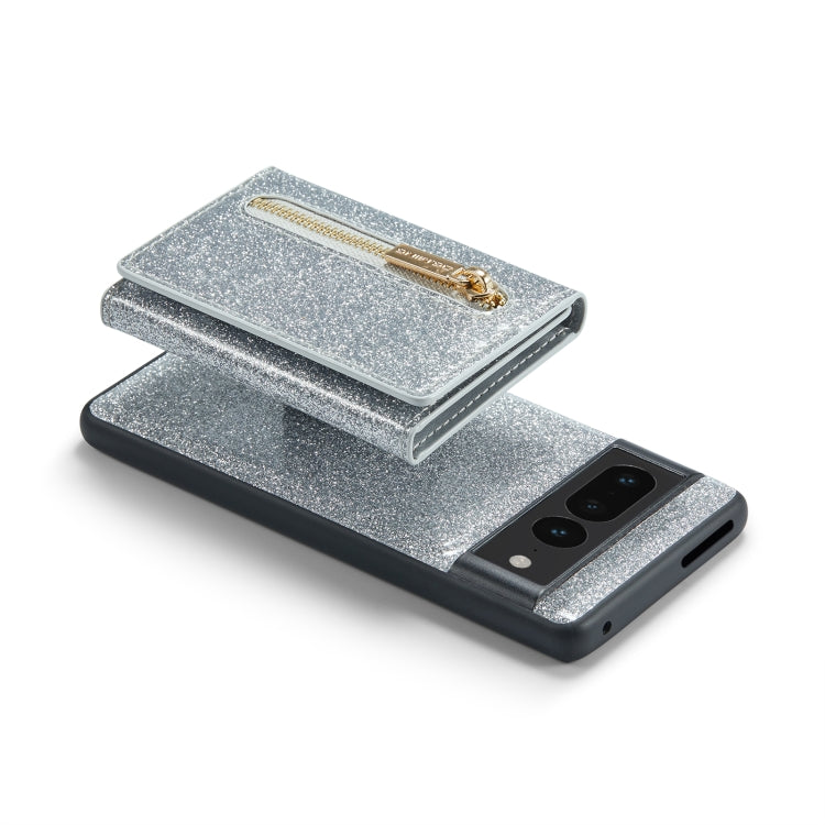 For Google Pixel 7 Pro DG.MING M3 Series Glitter Powder Card Bag Leather Case(Silver) by DG.MING