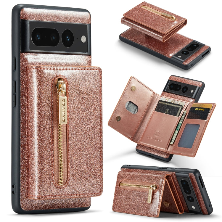 For Google Pixel 7 Pro DG.MING M3 Series Glitter Powder Card Bag Leather Case(Rose Gold) by DG.MING