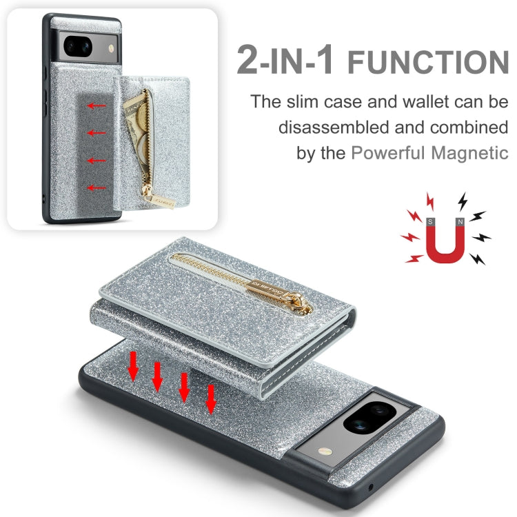 For Google Pixel 7A DG.MING M3 Series Glitter Powder Card Bag Leather Case(Silver) by DG.MING