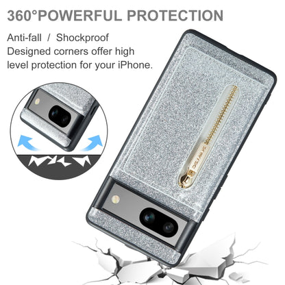 For Google Pixel 7A DG.MING M3 Series Glitter Powder Card Bag Leather Case(Silver) by DG.MING
