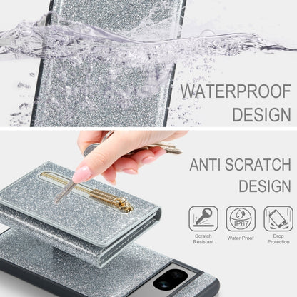 For Google Pixel 7A DG.MING M3 Series Glitter Powder Card Bag Leather Case(Silver) by DG.MING