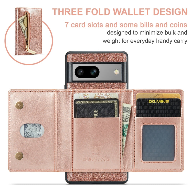 For Google Pixel 7A DG.MING M3 Series Glitter Powder Card Bag Leather Case(Rose Gold) by DG.MING