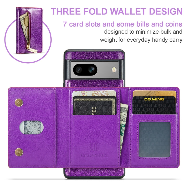 For Google Pixel 7A DG.MING M3 Series Glitter Powder Card Bag Leather Case(Dark Purple) by DG.MING