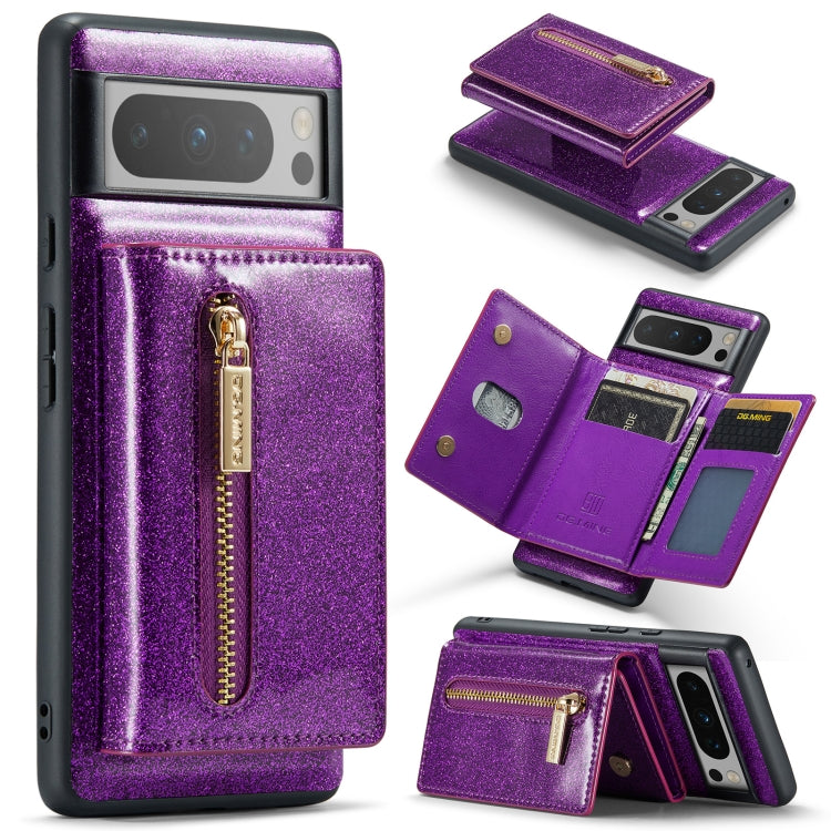 For Google Pixel 8 Pro DG.MING M3 Series Glitter Powder Card Bag Leather Case(Dark Purple) by DG.MING