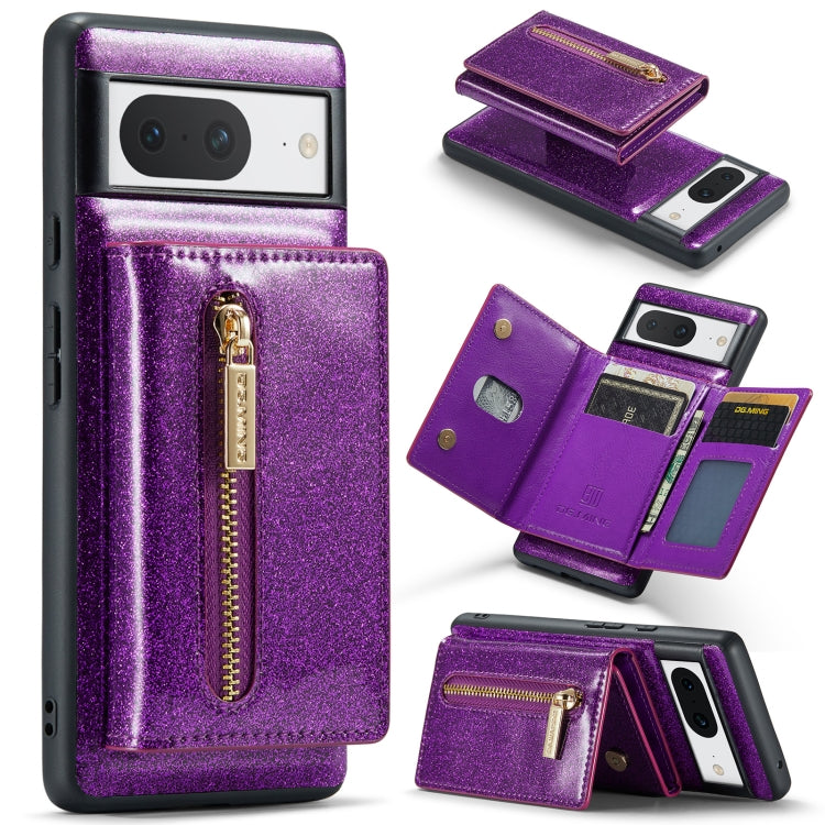 For Google Pixel 8 DG.MING M3 Series Glitter Powder Card Bag Leather Case(Dark Purple) by DG.MING