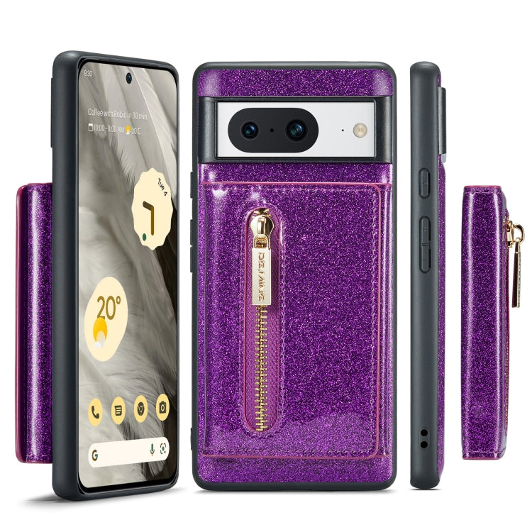 For Google Pixel 8 DG.MING M3 Series Glitter Powder Card Bag Leather Case(Dark Purple) by DG.MING
